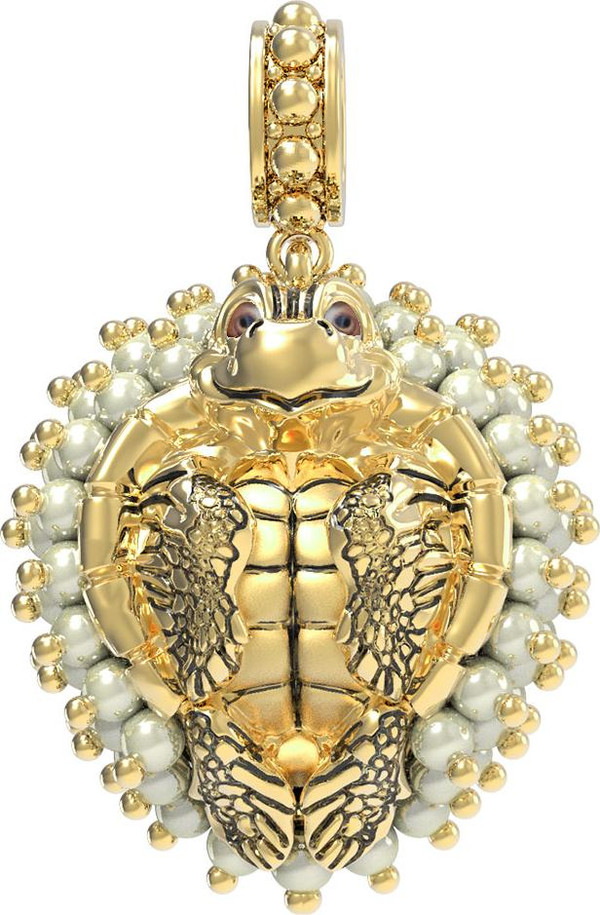 Подвеска из лимонного золота 585 пробы c эмалью и жемчугом