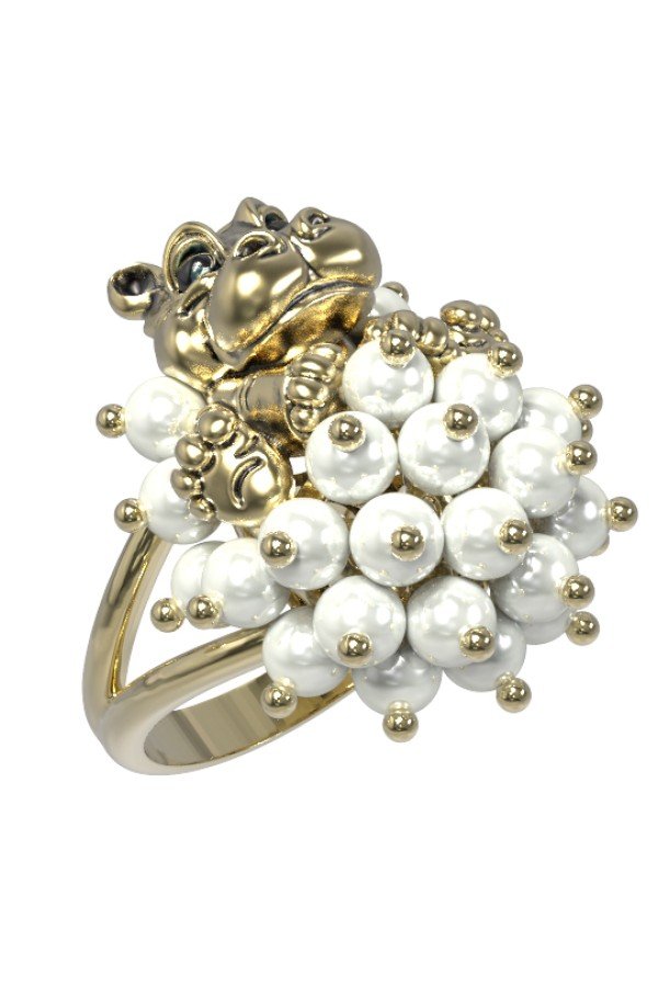 Кольцо из лимонного золота c эмалью и жемчугом