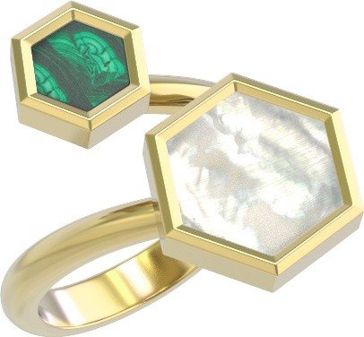 Кольцо из лимонного золота c малахитом и перламутром