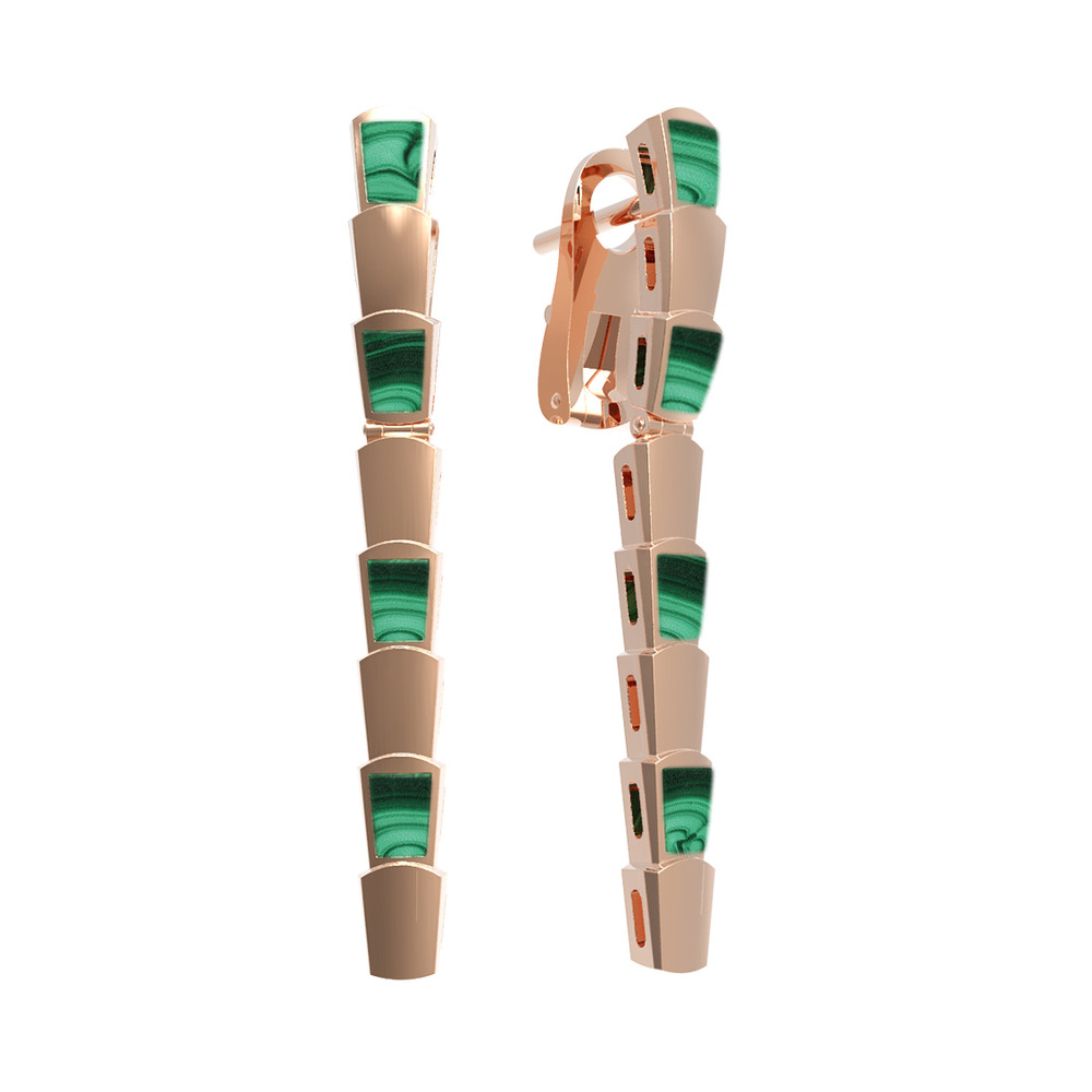 Серьги из красного золота 585 пробы c малахитом