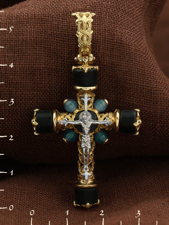 Крест из лимонного золота 585 пробы c ониксом и жадеитом