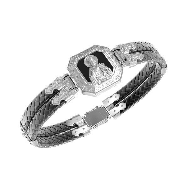 Браслет из белого золота 585 пробы c шнурком и ониксом