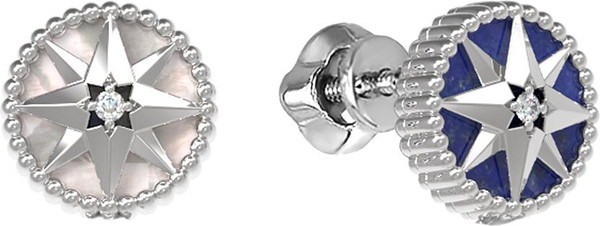 Серьги из белого золота 585 пробы c бриллиантами, лазуритом и перламутром