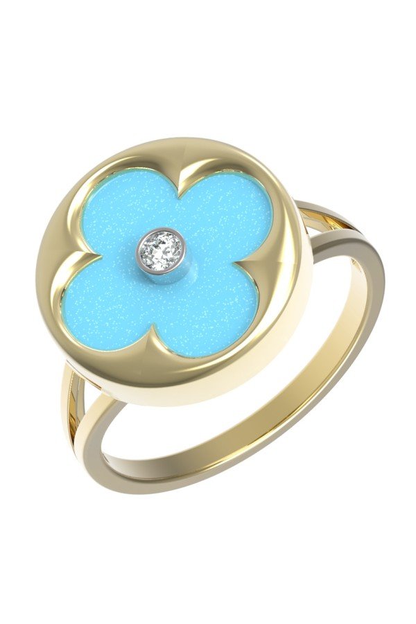 Кольцо из лимонного золота c бриллиантами и бирюзой