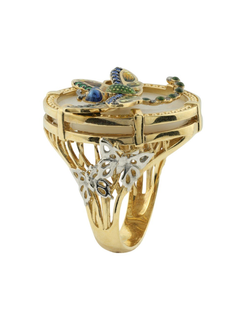 Кольцо из лимонного золота c сапфиром, изумрудом, эмалью и перламутром