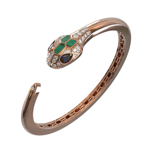 Браслет из красного золота 585 пробы c бриллиантами, сапфиром и малахитом