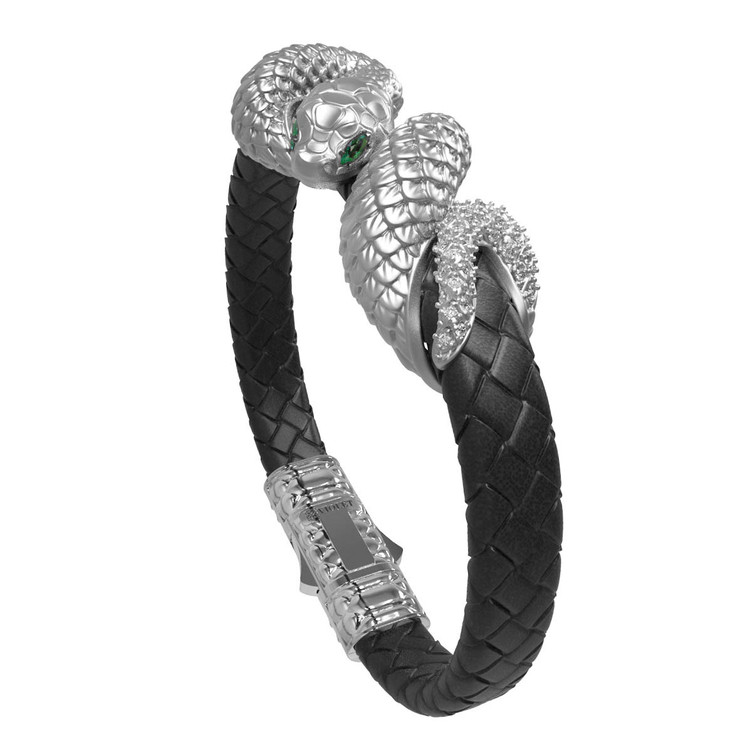 Браслет из белого золота 585 пробы c бриллиантами, изумрудом и шнурком