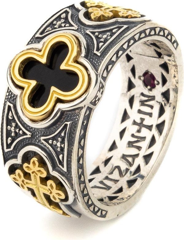 Кольцо из серебра 925 пробы и золота 750 пробы c ониксом и рубином