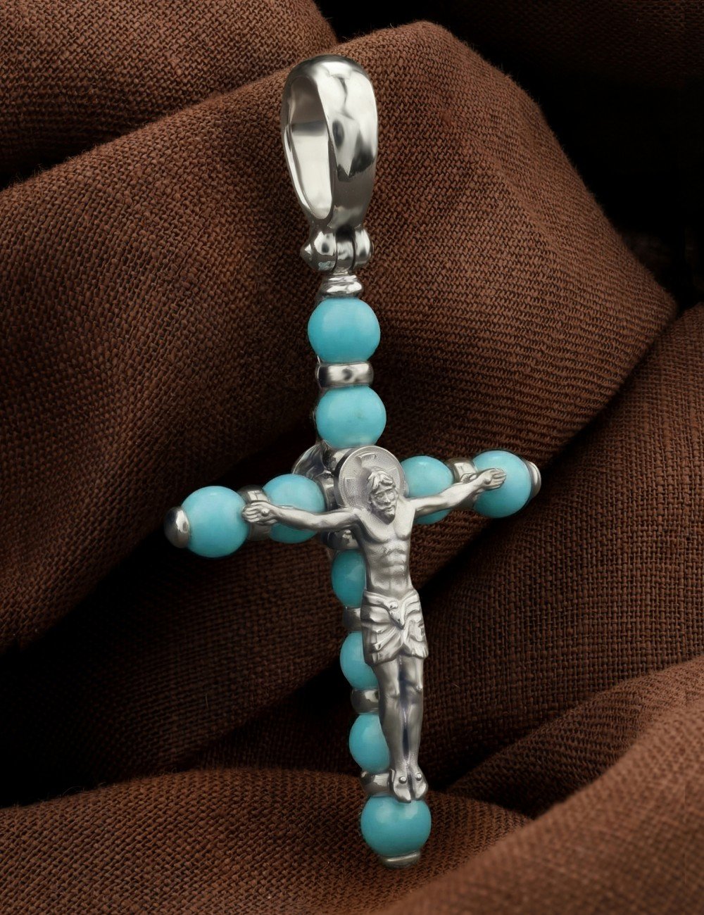 Крест из белого золота c бирюзой