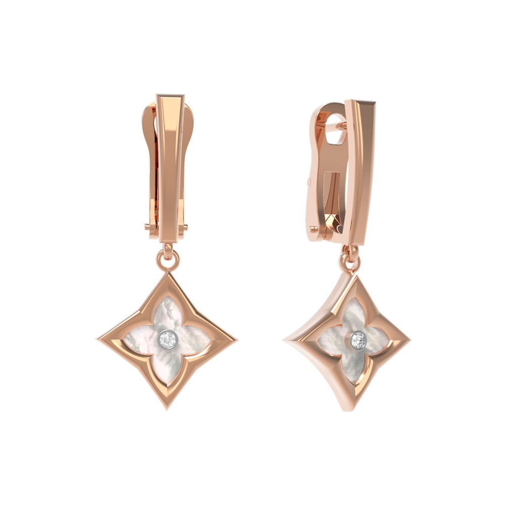 Серьги из красного золота 585 пробы c бриллиантами и перламутром