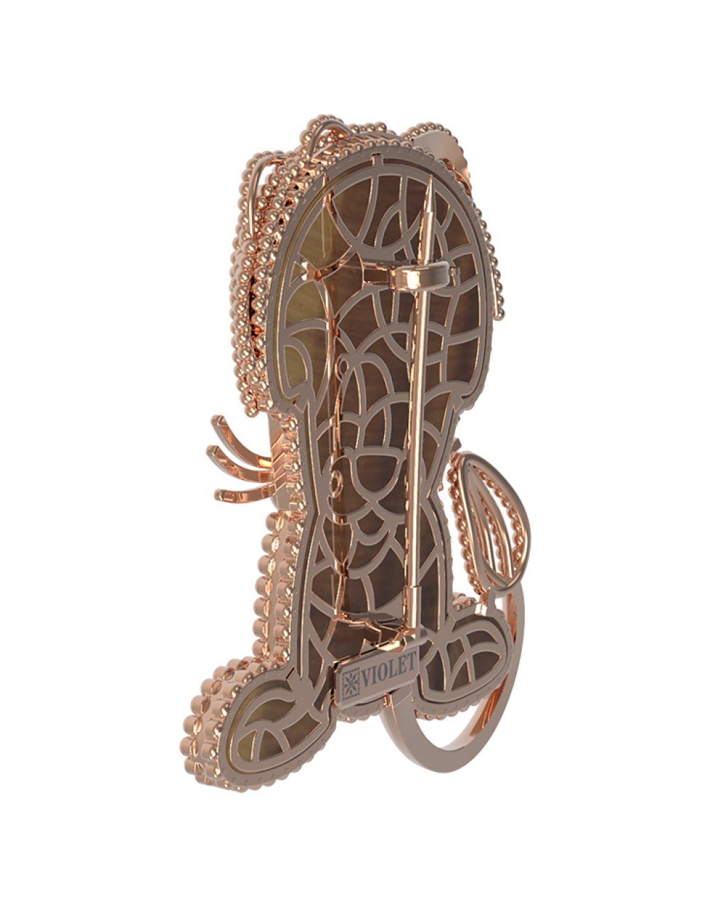 Брошь из золота c эмалью и тигровым глазом