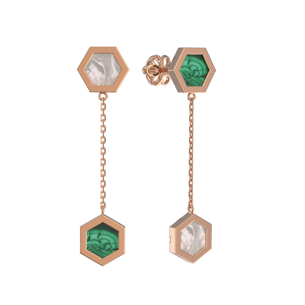 Серьги из красного золота 585 пробы c малахитом и перламутром