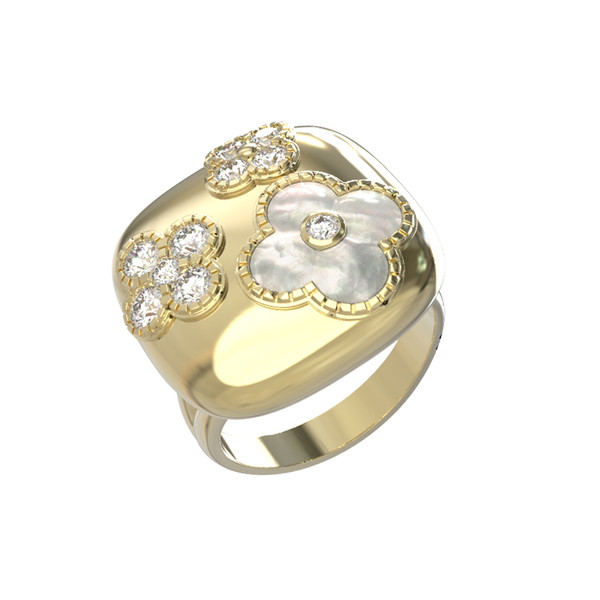 Кольцо из лимонного золота 585 пробы c бриллиантами и перламутром