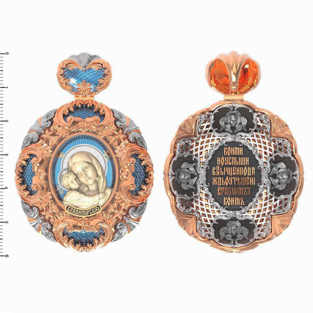 Нательная икона из красного золота 585 пробы c эмалью и бивнем мамонта