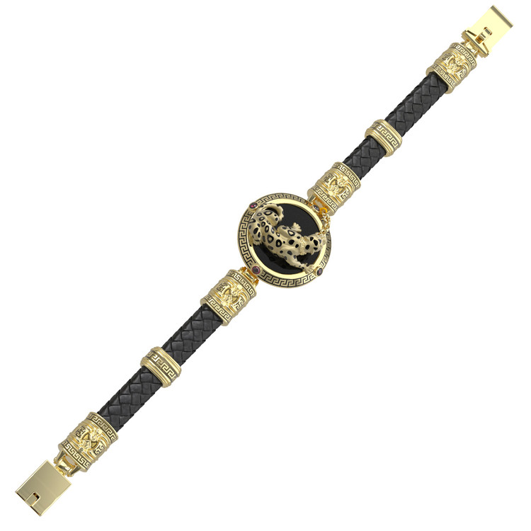 Браслет из лимонного золота 585 пробы c эмалью, шнурком, ониксом и рубином