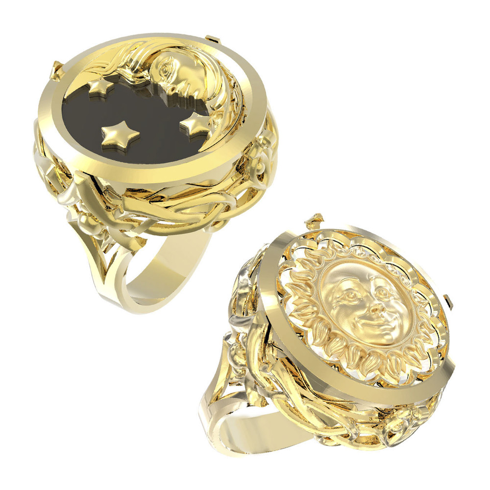 Кольцо из лимонного золота 585 пробы c ониксом и перламутром