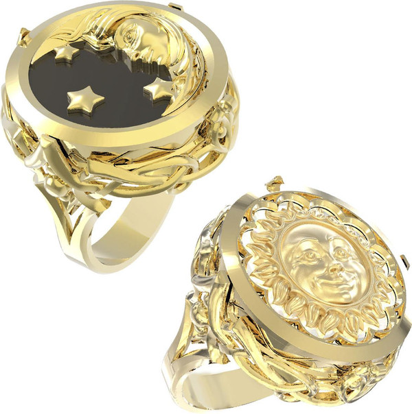 Кольцо из лимонного золота 585 пробы c ониксом и перламутром