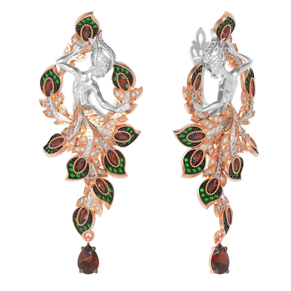 Серьги из красного золота 585 пробы c фианитом и гранатом