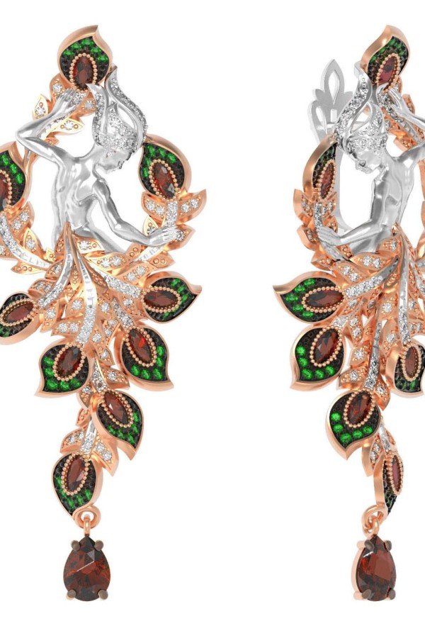 Серьги из золота c фианитом и гранатом