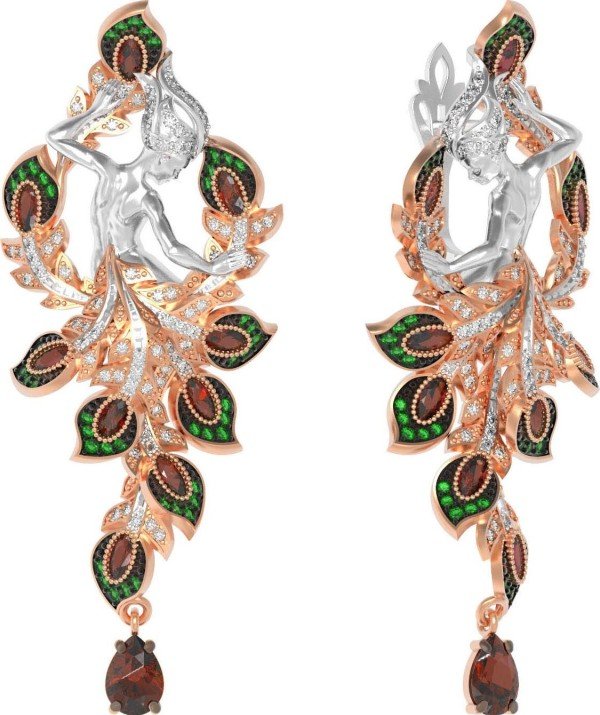 Серьги из золота c фианитом и гранатом