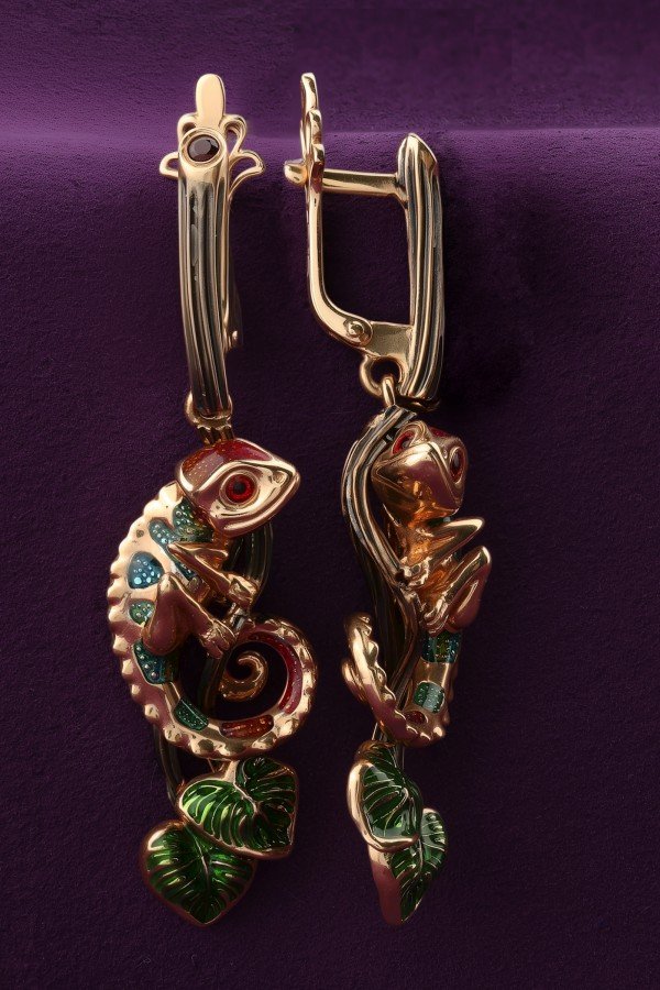 Серьги из золота c эмалью и гранатом