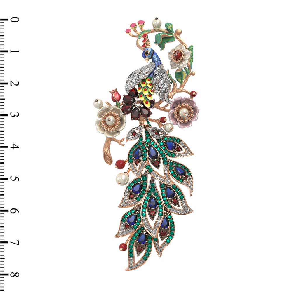 Брошь-подвеска из красного золота 585 пробы c эмалью, фианитом, гранатом, жемчугом, сапфиром, кораллом и перламутром