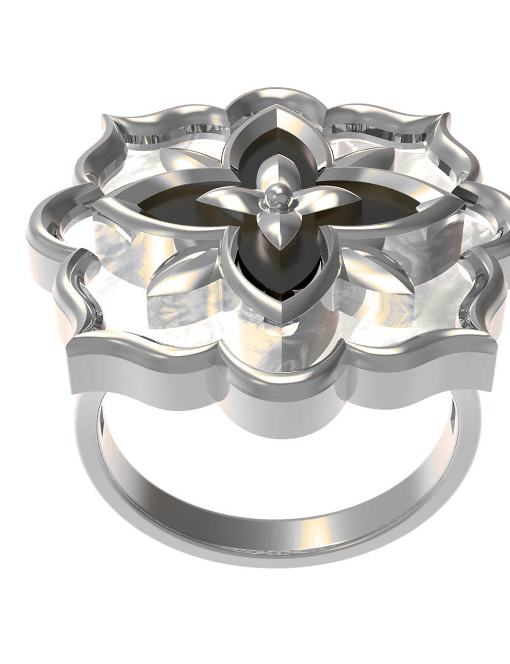 Кольцо из белого золота c ониксом и перламутром