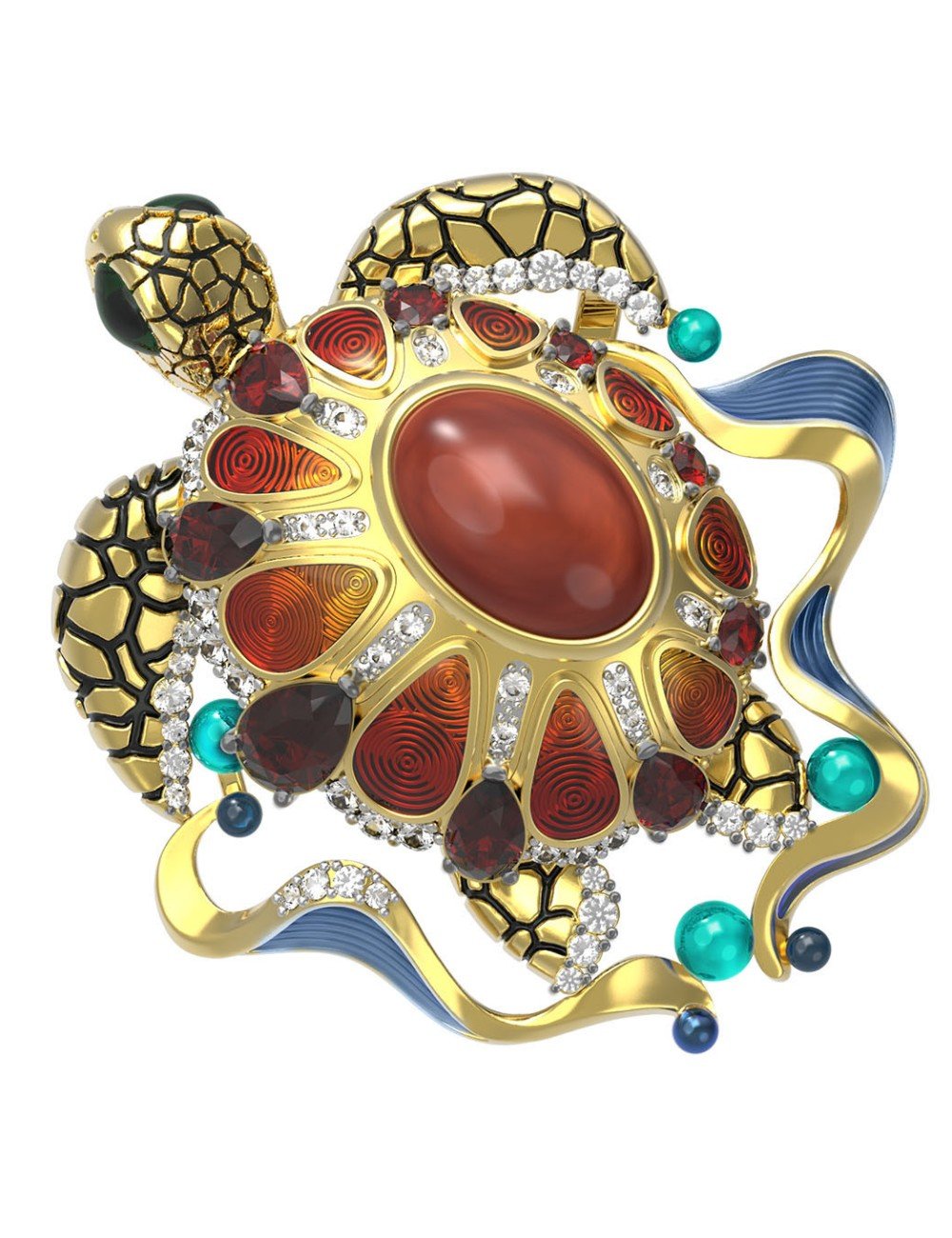 Подвеска из лимонного золота c эмалью, фианитом, гранатом и янтарём