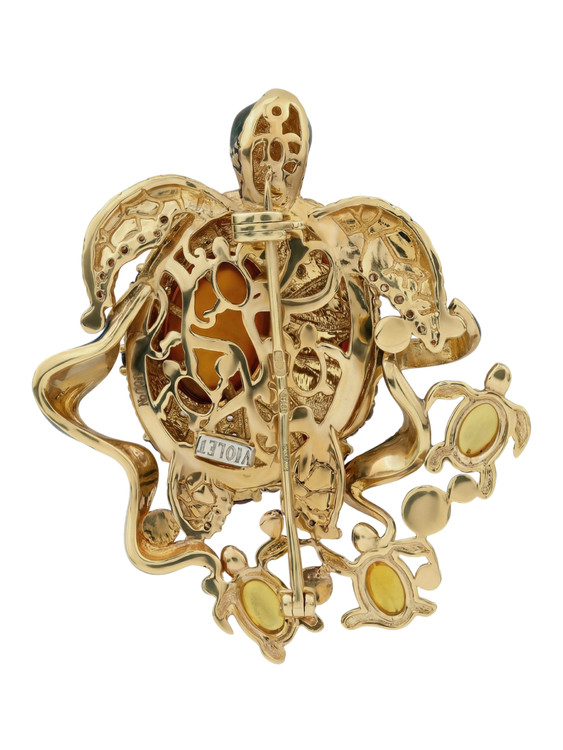 Брошь из лимонного золота 585 пробы c эмалью, фианитом, гранатом и янтарём