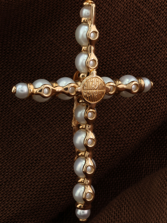 Крест из красного золота 585 пробы c жемчугом