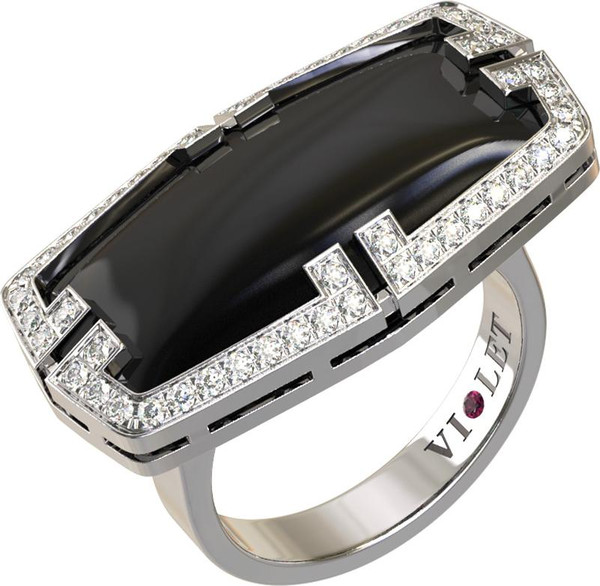 Кольцо из белого золота 585 пробы c бриллиантами, рубином и ониксом