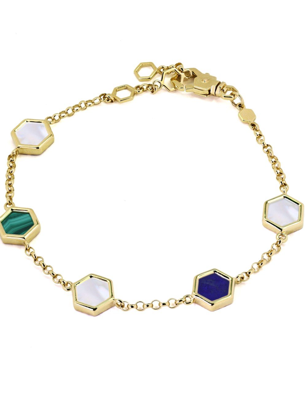 Браслет из лимонного золота c лазуритом, малахитом и перламутром