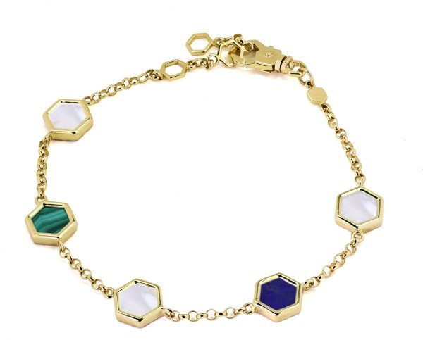 Браслет из лимонного золота c лазуритом, малахитом и перламутром