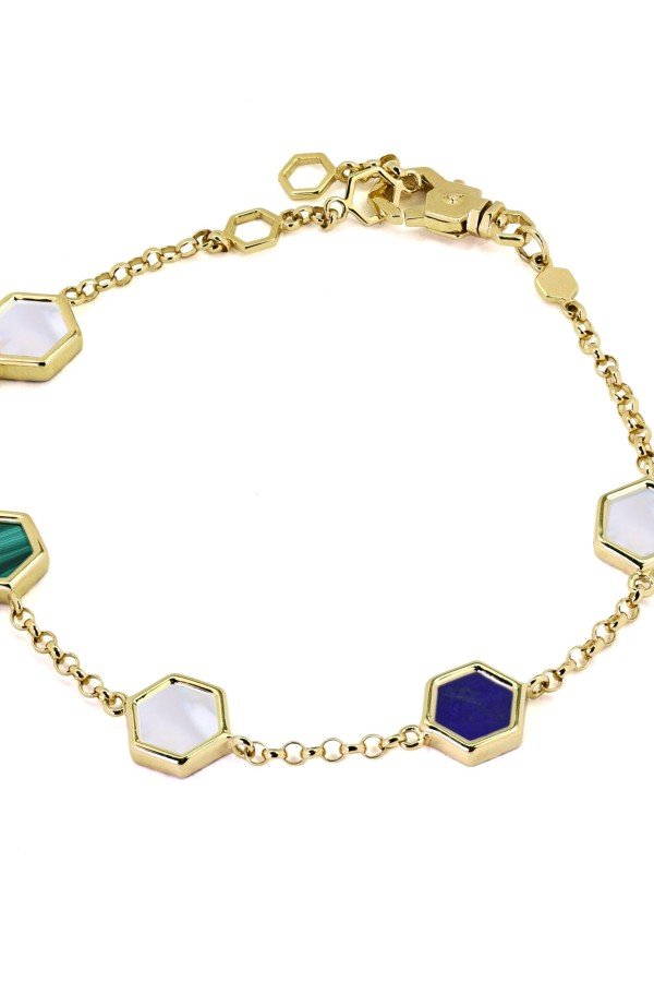 Браслет из лимонного золота c лазуритом, малахитом и перламутром
