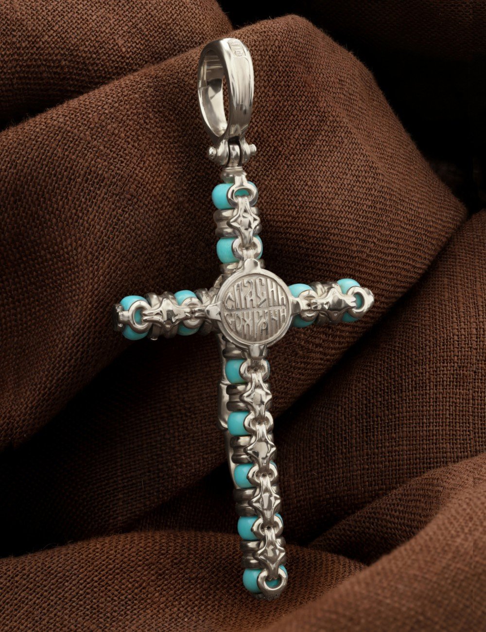 Крест из белого золота c бирюзой