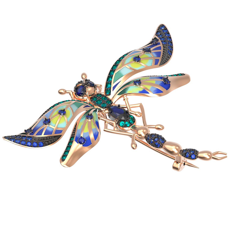 Брошь из красного золота 585 пробы c фианитом, сапфиром и эмалью