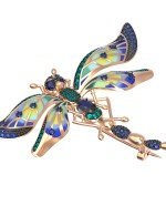 Брошь из золота c фианитом, сапфиром и эмалью