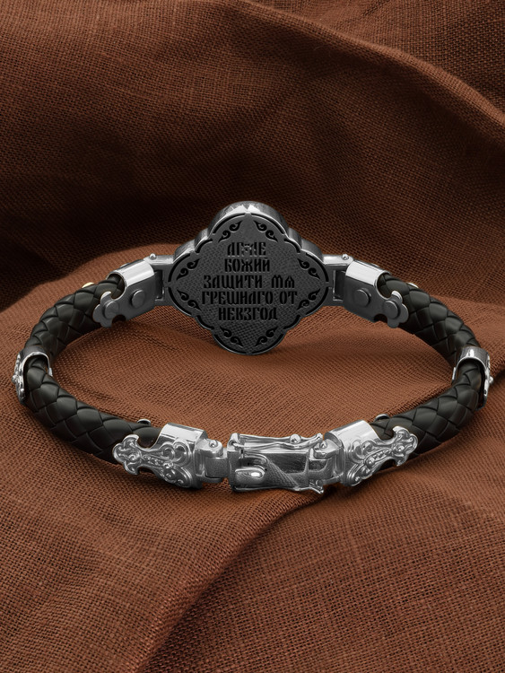 Браслет из белого золота 585 пробы c шнурком и ониксом