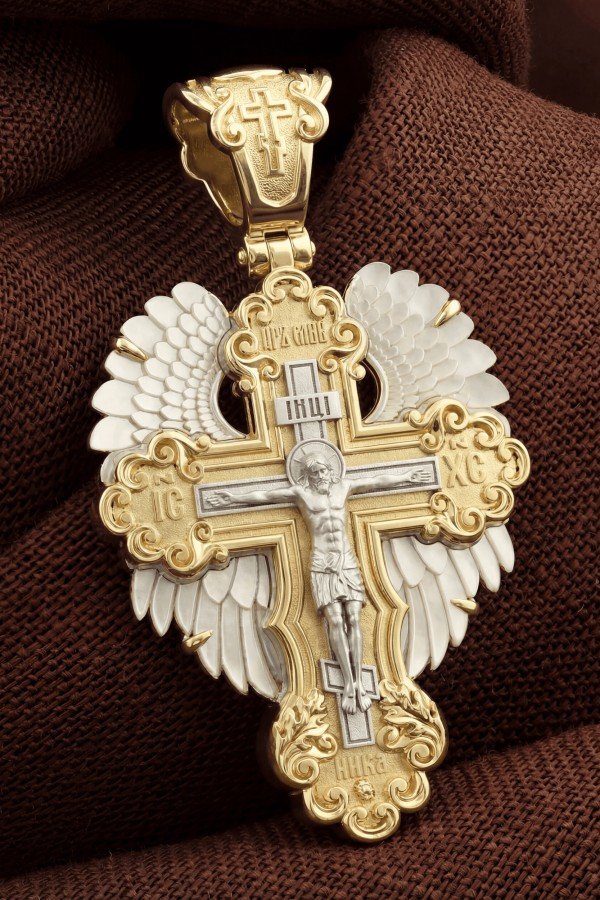 Крест из лимонного золота c перламутром