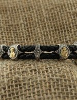 Браслет из серебра и золота c кожаным шнурком