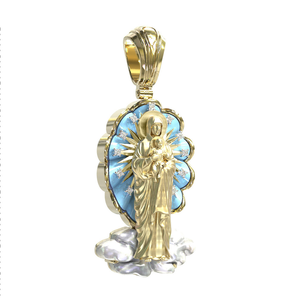 Нательная икона из лимонного золота 585 пробы c бриллиантами, бирюзой и перламутром