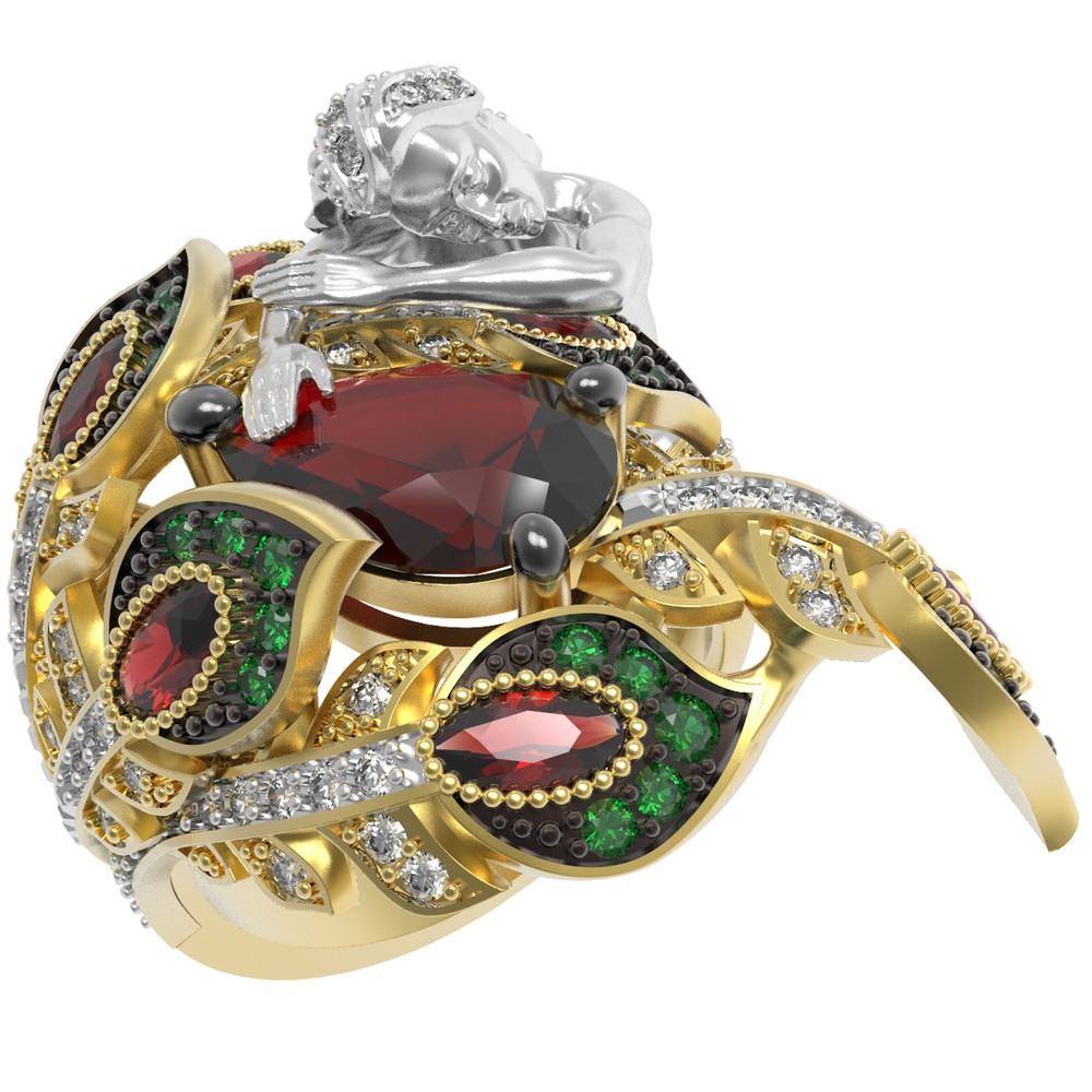 Кольцо из лимонного золота 585 пробы c фианитом и гранатом