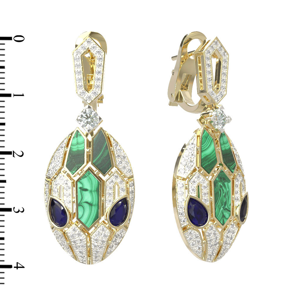 Серьги из лимонного золота 585 пробы c бриллиантами, сапфиром и малахитом