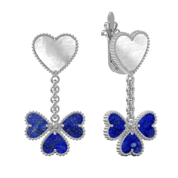 Серьги из белого золота 585 пробы c лазуритом и перламутром