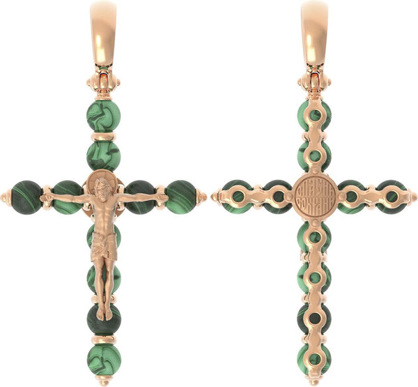 Крест из красного золота 585 пробы c малахитом