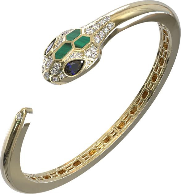 Браслет из лимонного золота 585 пробы c бриллиантами, сапфиром и малахитом