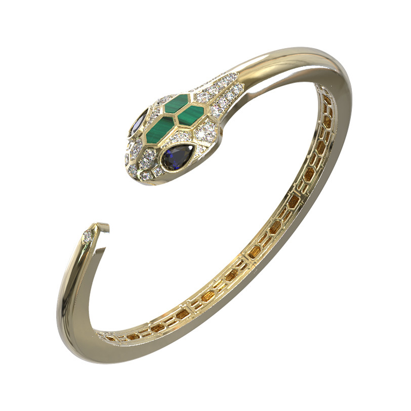 Браслет из лимонного золота 585 пробы c бриллиантами, сапфиром и малахитом