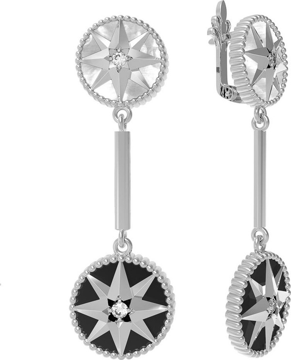 Серьги из белого золота 585 пробы c фианитом, ониксом и перламутром