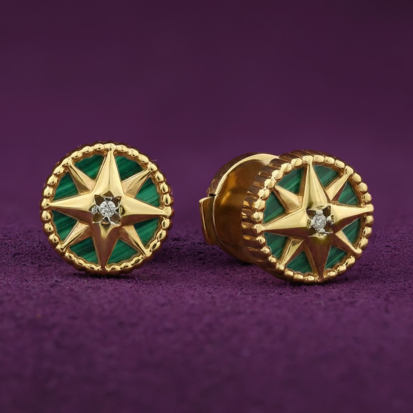 Серьги из лимонного золота 585 пробы c бриллиантами и малахитом
