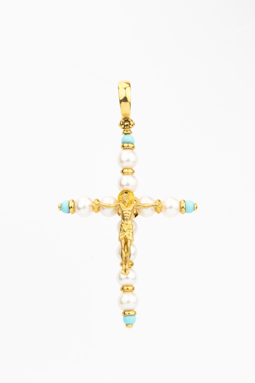 Крест из лимонного золота 585 пробы c жемчугом и бирюзой